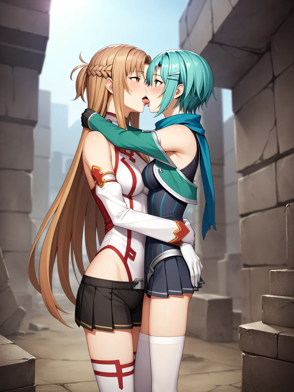 2 girls leasbians, BREAK ,sinonggo, aqua eyes, short hair, aqua hair, sidelocks, hair between eyes, hairclip, hair ornament, green jacket, leotard, scarf, black shorts, gloves, long sleeves, medium breasts, BREAK , yuuki asuna, brown eyes, brown hair, long hair, bangs, braid,skinny, slender body, tiny, medium breasts, standing, brown short boots 
red pleated skirt, white detached sleeves, bare shoulders, white thighhighs,
both the same height, hugging, looking into each others eyes, french kissing, tongues out
urban battlefield, ruins, night sky, depth of field, cinematic, game cg, anime screencap, official art, masterpiece, best quality, full body shot
