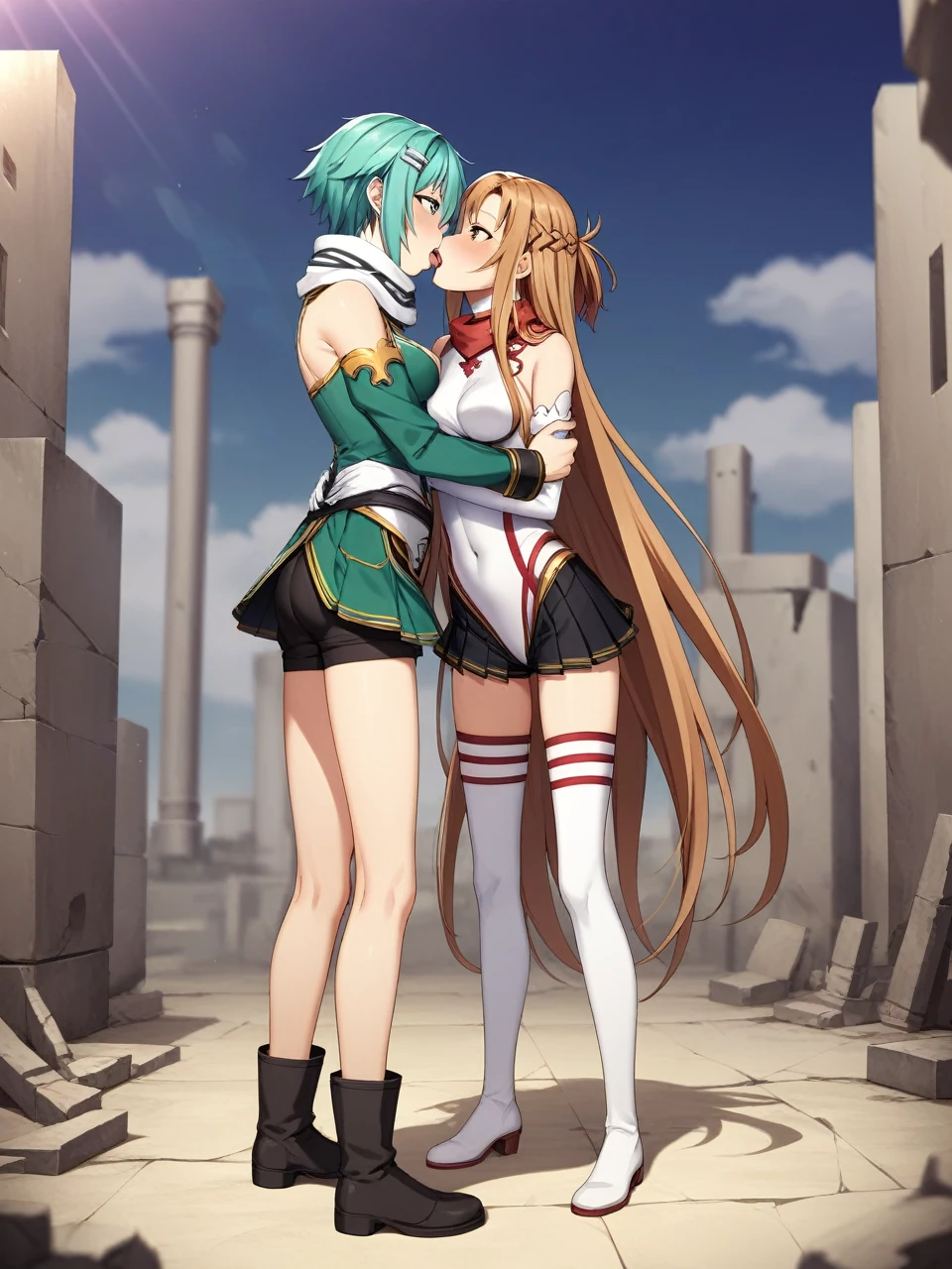 2 girls leasbians, BREAK ,sinonggo, aqua eyes, short hair, aqua hair, sidelocks, hair between eyes, hairclip, hair ornament, green jacket, leotard, scarf, black shorts, gloves, long sleeves, medium breasts, BREAK , yuuki asuna, brown eyes, brown hair, long hair, bangs, braid,skinny, slender body, tiny, medium breasts, standing, brown short boots 
red pleated skirt, white detached sleeves, bare shoulders, white thighhighs,
both the same height, hugging, looking into each others eyes, french kissing, tongues out
urban battlefield, ruins, night sky, depth of field, cinematic, game cg, anime screencap, official art, masterpiece, best quality, full body shot
