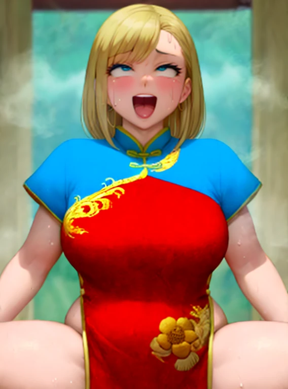 Busty、Slim body、Plump thighs、The perspective is not aligned、Wide open mouth、Sweaty、back、Intense、Chinese clothing、Blonde