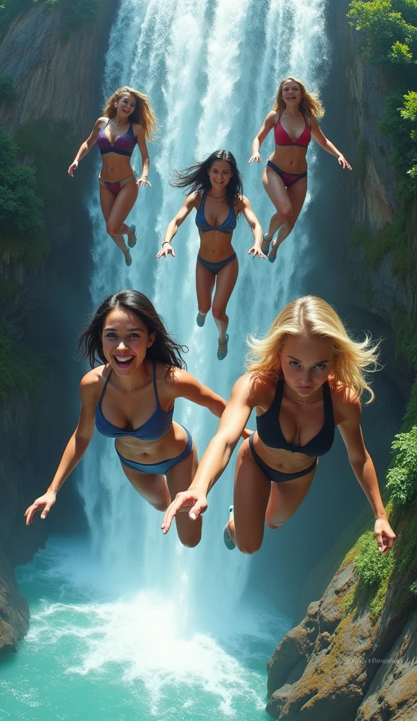 (White and vivid colors, exposed:1.2), (Legwear:-1), (Acutance:0.85), (Upward composition, Thongs:1.2), surfer girls (Flying, Jumping High:1.5), ((face variations)), { Navel | pretty Ass | Delicate lace knitted wear | (morning glowing) }, {  Oiled pearl skin with tanlines | Childish | Overflowing | Biomechanical HUGE and HEAVY boob } . BREAK (portrayed in the best quality and high resolution, ultra-detailed, realistic and (photorealistic:1.37) with a touch of rawness). { Volumetric (back lighting) | concept art | enhancing the overall visual impact }. { Whole Body proportions and all limbs are anatomically accurate | ((Gigantic Overflowing sideboob:1.25)) | (:d) | (Different types of hair colors) } .  Sky background with Sunrising (Above big wave)