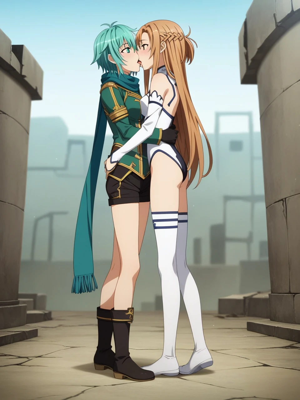 2 girls leasbians, BREAK ,sinonggo, aqua eyes, short hair, aqua hair, sidelocks, hair between eyes, hairclip, hair ornament, green jacket, leotard, scarf, black shorts, gloves, long sleeves, medium breasts, BREAK , yuuki asuna, brown eyes, brown hair, long hair, bangs, braid,skinny, slender body, tiny, medium breasts, standing, brown short boots 
red pleated skirt, white detached sleeves, bare shoulders, white thighhighs, stripping each other
both the same height, hugging, looking into each others eyes, french kissing, tongues out
urban battlefield, ruins, night sky, depth of field, cinematic, game cg, anime screencap, official art, masterpiece, best quality, full body shot
