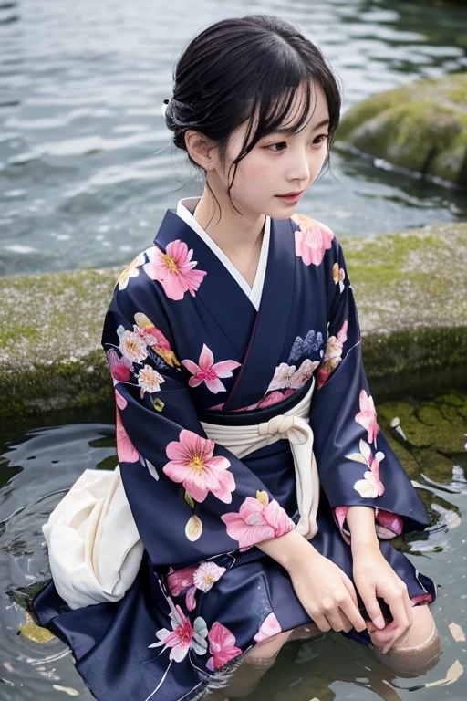 1 person、Real、Hakama、Japanese、kimono、Women、Long-sleeved kimono、long hakama、Clothes that stick to the skin、wet textured clothes、wet clothes 、floral kimono、soaking wet、in the water、swimming figure、underwater in the river、The whole body is immersed、wet clothes color、lie down