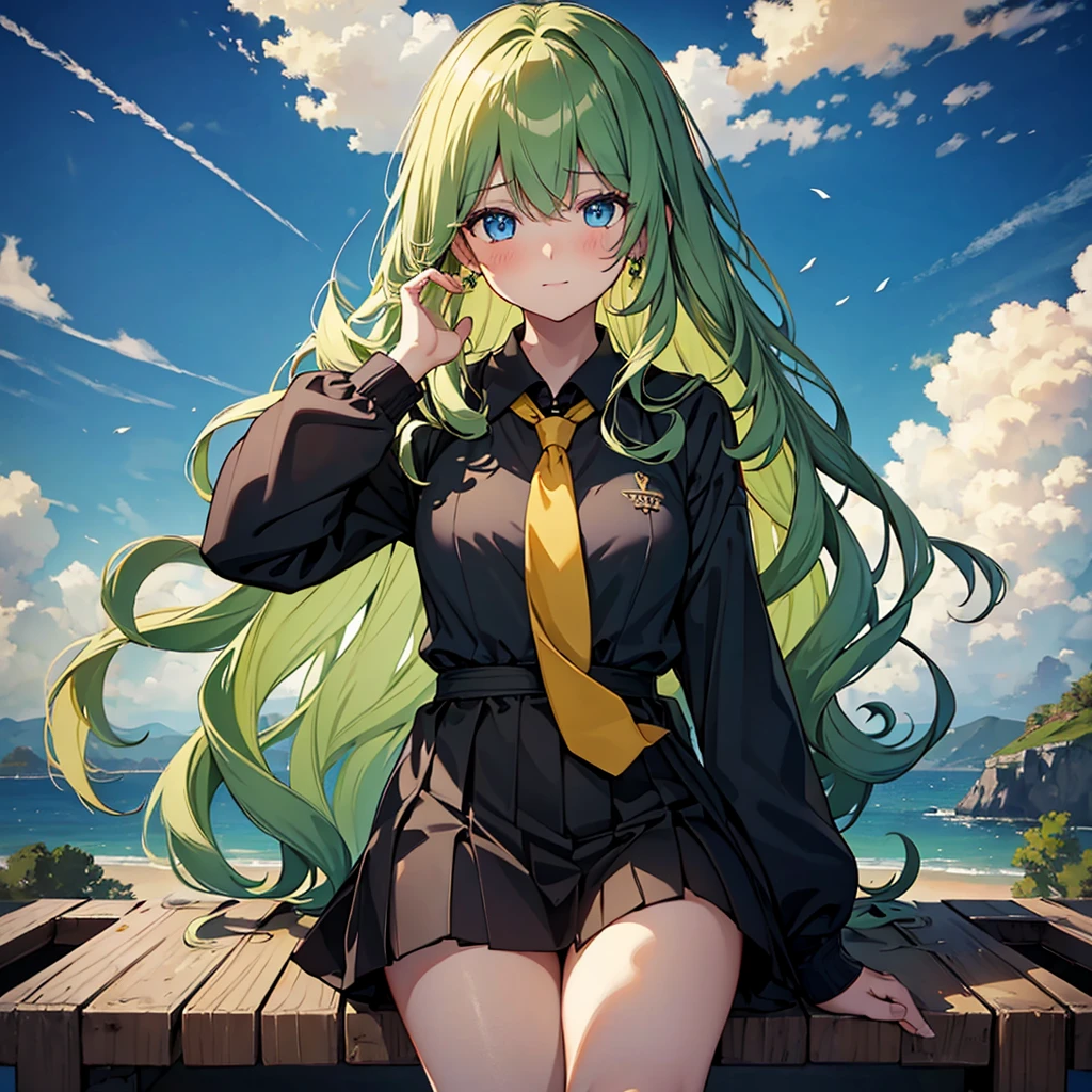 Woman gazing diagonally upwards, {{{Sad expression}}}, Black Sailor Suit, {{{{{明るいGreen long wavy hair}}}}}, Best Quality,Best image quality,Perfect Anatomy,masterpiece,Very detailedな,beautiful,super high quality, Best Quality,High resolution, Very detailed,Game CG,Dutch Angle ,Beautiful attention to detail,Visual Arts,Five fingers, Perfect hands,Hide your hands, {{{One Girl}}}, Beautiful detailed girls, Game CG, Spring flower,masterpieceアニメ，Best Quality, Very detailedな顔，Power Pro, sugami, {{{One Girl}}}, Black Sailor Suit, {{{{{Green long wavy hair}}}}}, Dark hair tip color, Blue Eyes, Female Manager, School grounds, Yellow tie, Sleepy smile, Knee-high portrait, Three-dimensional background, Multiple clouds,