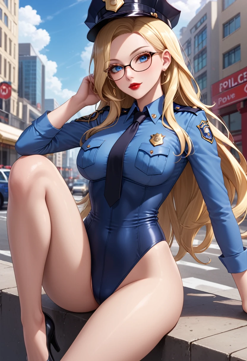 2mujer madura, beautiful, Long hair, blonde, glasses, red lipstick, Leotard white, bare legs, police uniform, police hat, long sleeve, tie, in the city,
