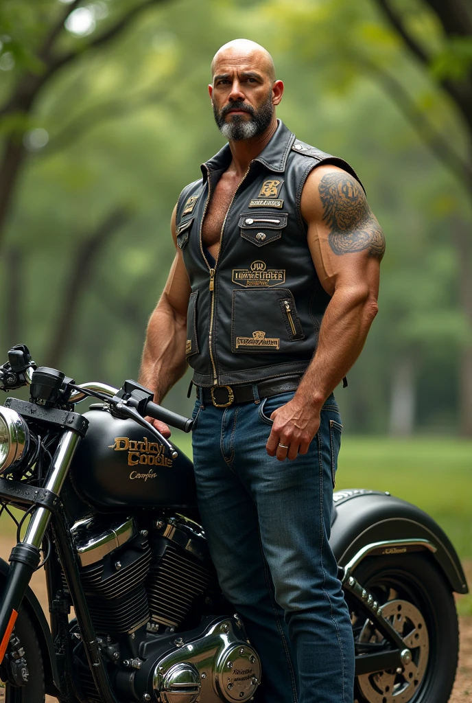 Big body builder white bald men wearing unbuttoned grey check double pocket shirt with logos at park on heavy motor bike