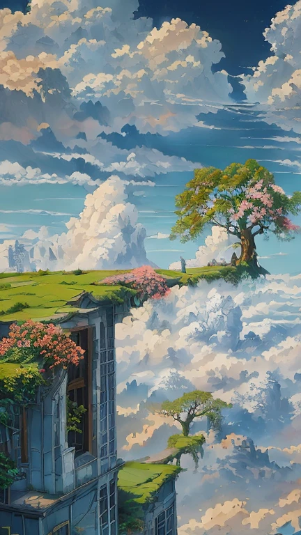 painting of a house with a tree on a cliff above the clouds, kilian eng and thomas kinkade, Rob Gonsalves e Tim White, Silvain Sarrailh, rhads and thomas kinkade, inspirado em rhads, cyril rolando and m.w kaluta, cyril rolando and m. w kaluta, rhads!!!