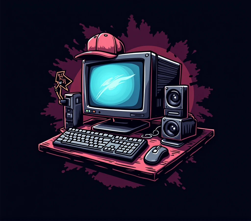 um logo dark pra um canal da twitch, computer drawing, keyboard, mouse, cap, monitor, bem rock and roll, written Stream OFF and Lutiniks in the image