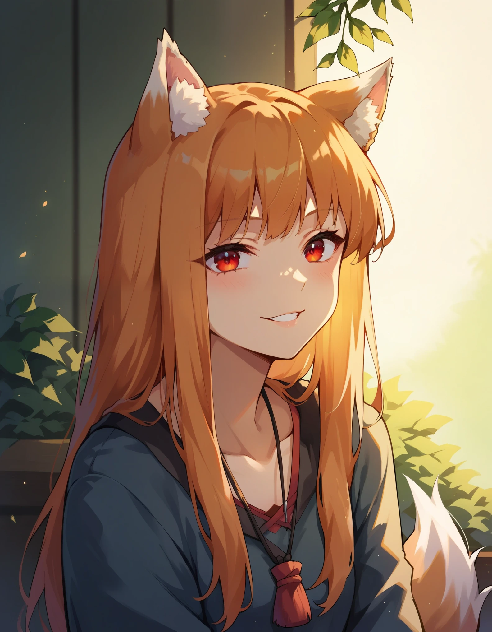 score_9, score_8_up, score_7_up, score_6_up, holo, 1girl, wolf ears, long hair, solo, red eyes, ginger hair, wolf tail,