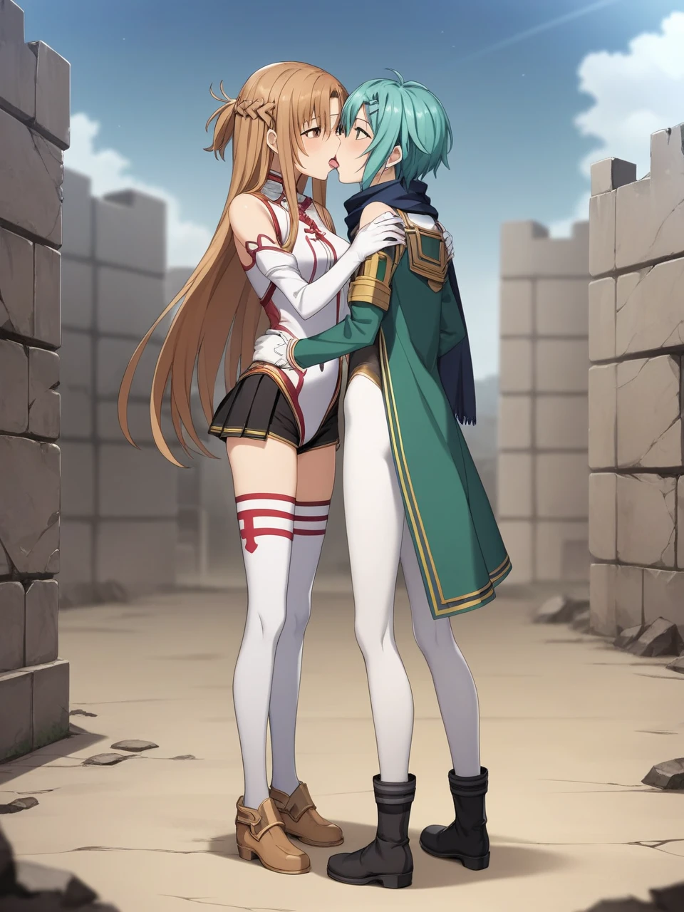 2 girls leasbians, BREAK ,sinonggo, aqua eyes, short hair, aqua hair, sidelocks, hair between eyes, hairclip, hair ornament, green jacket, leotard, scarf, black shorts, gloves, long sleeves, medium breasts, BREAK , yuuki asuna, brown eyes, brown hair, long hair, bangs, braid,skinny, slender body, tiny, medium breasts, standing, brown short boots 
red pleated skirt, white detached sleeves, bare shoulders, white thighhighs, stripping each other
both the same height, looking into each others eyes, french kissing, tongues out
urban battlefield, ruins, night sky, depth of field, cinematic, game cg, anime screencap, official art, masterpiece, best quality, full body shot
