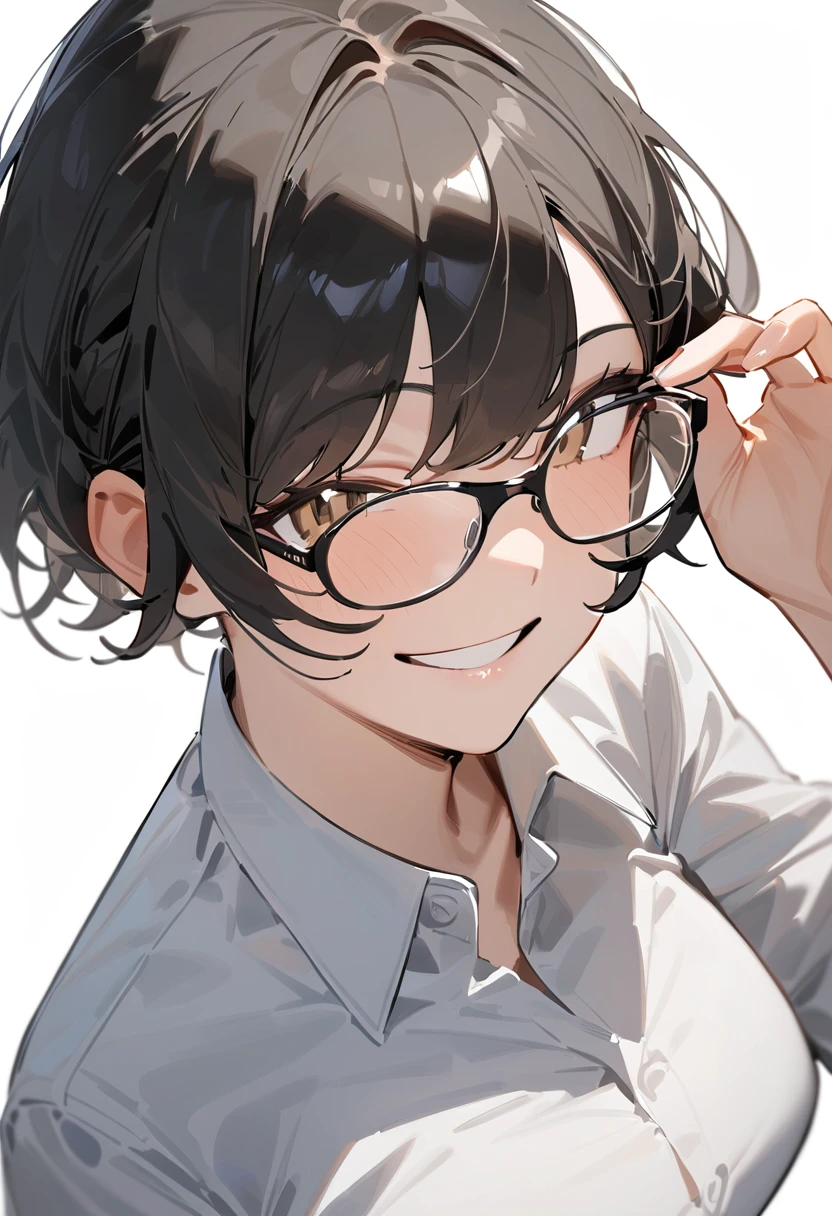 masterpiece, best quality, very aesthetic, absurdres,
1girl, solo, black hair, short hair,
sirmont16A, glasses, 
collared shirt, happy, smile, looking at viewer, adjusting eyewear, white background, simple background,
 