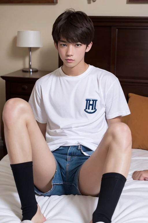 Handsome teenage boy，He only wore white underwear and white socks，His socks have slight sweat stains，His legs are slightly raised and spread apart，There is a huge bulge between the legs，There is a big bulge in the underwear，There are obvious sweat stains in the center