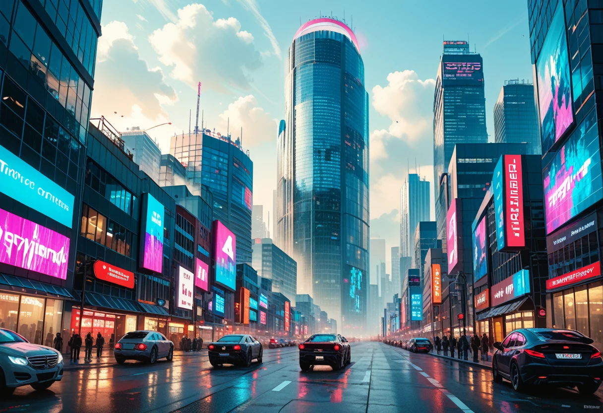 An immense futuristic cityscape set in New York City in the year 3000, towering skyscrapers with neon lights, holographic billboards, and flying cars filling the sky. The skyline is filled with sleek, futuristic buildings of glass and metal, with a blend of ultra-modern and dystopian architecture. Cyberpunk elements are present, including dark alleys, streets lined with neon signs in multiple languages, and citizens dressed in high-tech clothing with robotic enhancements. Advanced technology is integrated into every aspect of life, from autonomous drones to glowing data streams connecting buildings. The city is alive with vibrant colors—pinks, blues, and greens—against the backdrop of a hazy, polluted sky illuminated by a massive artificial sun