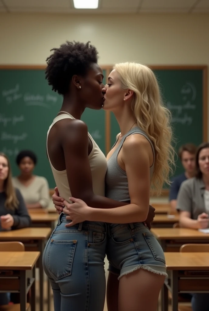 nsfw, iPhone photo, three hot school girls, naked, small, thin, , light skin, tan, dark skin, blonde, brunette, seductive laugh, chair, windows, whiteboard, open legs, legs open, classroom, necklace, earrings, glasses, ponytails, vagina showing, tattoo, \