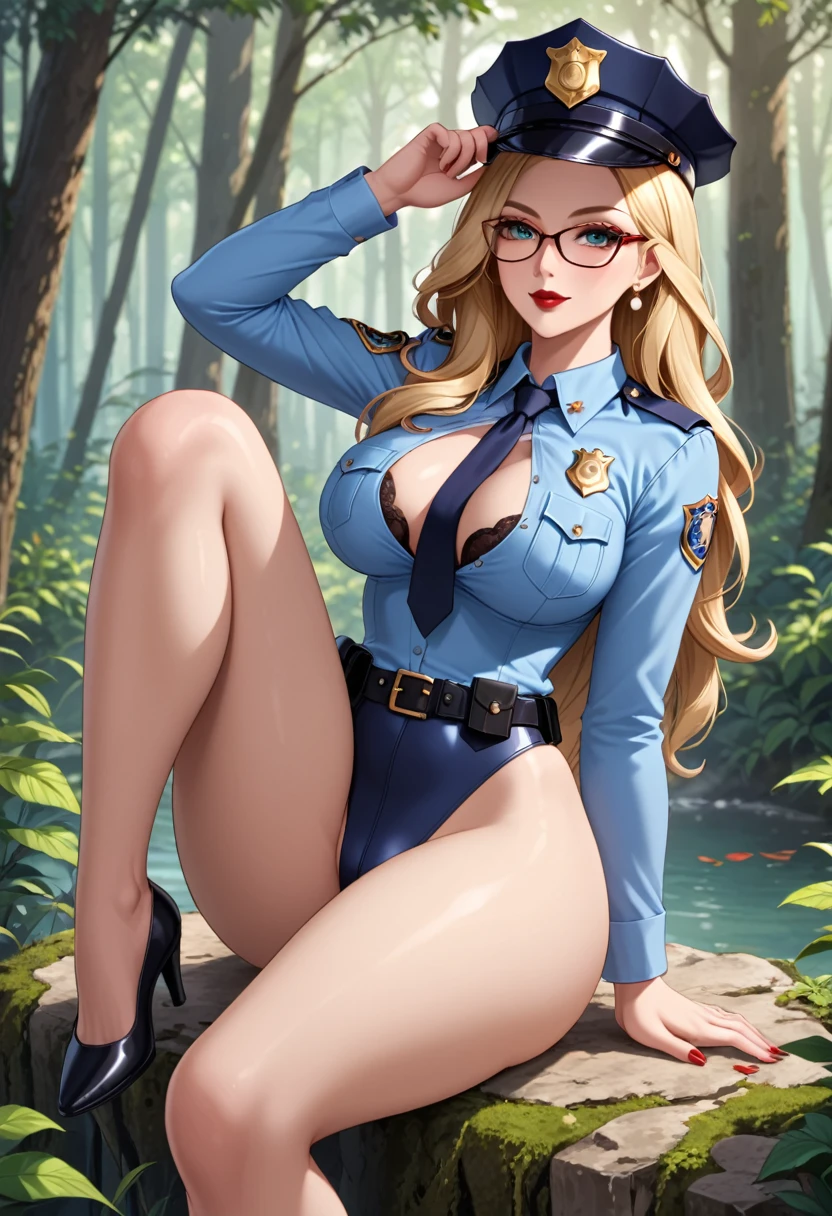 mature woman, beautiful, Long hair, blonde, glasses, red lipstick, Leotard white, bare legs, police uniform, police hat, long sleeve, tie, in the forest,
