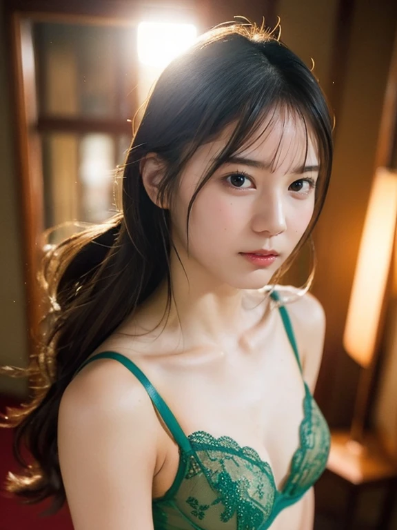 (highest quality,masterpiece:1.3,ultra high resolution),(Super detailed,caustics,8k),(photorealistic:1.4,RAW shooting),1girl,(look down at the camera),(front shot:1.1),(face forward),green lace bra,(small breasts:1.4),(close up),(breast focus),hotel,at night,Natural light,(Backlight),(A bright light shines from behind),(Lens flare),professional writing,(cowboy shot),(low position:1.3),sad,(skiny),sweat