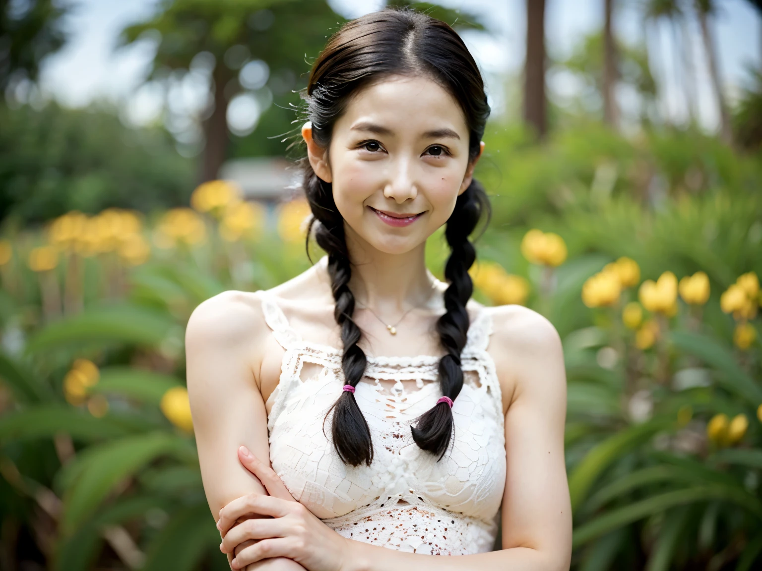 Perfect Face,,skinny,slim,, Thin arms, Delicate, White skin,Narrow shoulders,Flat Chest,smile,Braiding,Anorexic super-skinny、、40 years old
