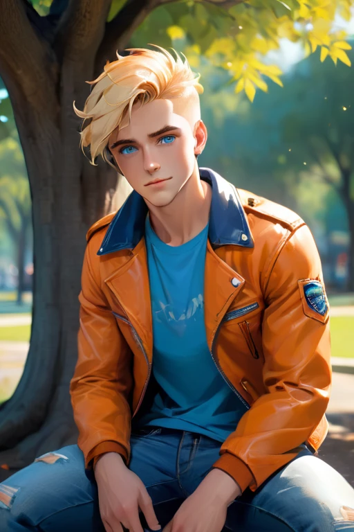 1 college man; age 28; attractive; masculine adult; toned and muscular, athletic; blonde hair in a crew-cut; expressive blue eyes with black pupils; square-faced; fair skin; smug; rugged good looks; strong square wide jaw; broad-chin; wearing a tie-dyed t-shirt, orange leather jacket and undamaged blue jeans; trending on artstation; masterpiece; complex volumetric lighting; strong shadows; artistic lighting; dynamic; energetic vibe; realistic skin; specular highlights; micro-textures; highly detailed hair; physically active; sitting under a tree with a textbook; very masculine; body hair;