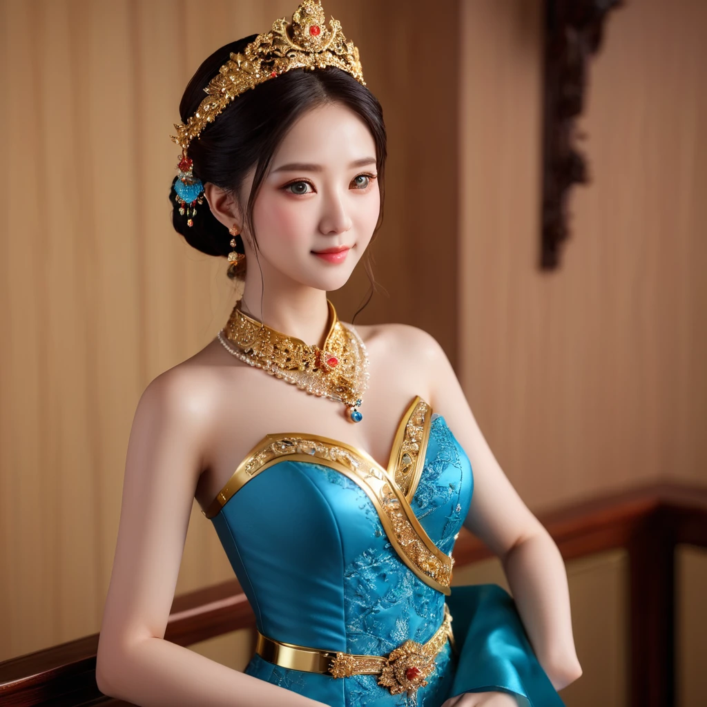 arafed woman in a blue dress with a gold belt and a necklace, 3 d render character art 8 k, trending on cgstation, chengwei pan on artstation, inspired by Lan Ying, 8k artgerm bokeh, 8k high quality detailed art, deviantart artstation cgscosiety, cgsociety 8k, cgsociety 8k