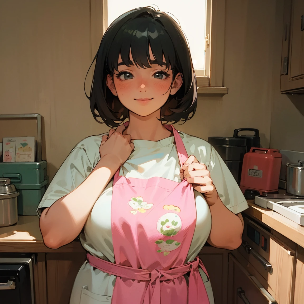 1girl in、toddlers, a smile、Cooking in your room、barechested、Wearing only an apron、((small tits))、