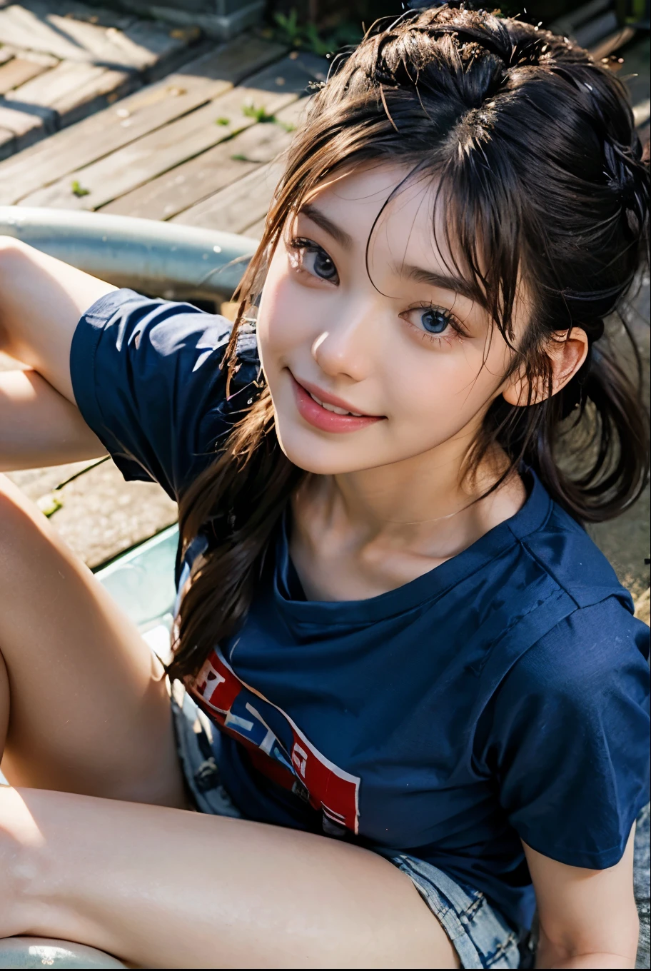 highest quality, masterpiece, Ultra-high resolution,(((Face Focus:1.6))) (Realistic:1.6), (Portrait of a high school girl kneeling with her legs spread) RAW Photos, 1 girl, 20-year-old,((Navy blazer and blue mini skirt)),((Ponytail and hair tie)),,((Looking up at the audience)),Realistic,((background)), Image Media Chest)),((Smiling with teeth showing)),