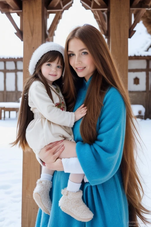 A gorgeous, pretty, shiny, kind-hearted, warm-hearted, sweet, polite, sensitive, friendly, charming, graceful, stylish, classy, alluring, majestic, ethereal, angelical ginger long haired russian woman dressed in traditional folk winter costumes. She's with a little cute girl.