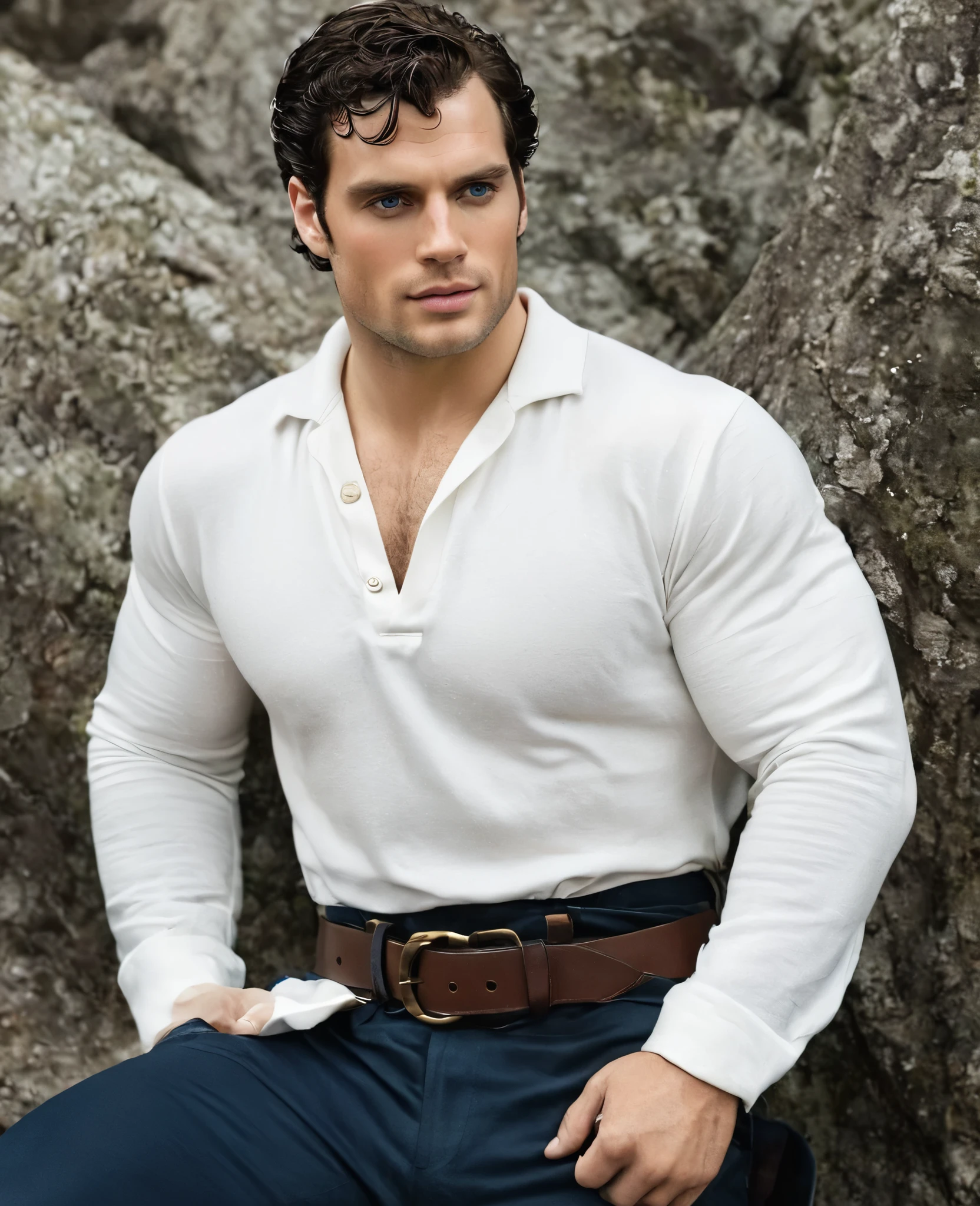 Create an image of a handsome prince with the facial features of Henry Cavill. He has strong, defined jawlines, deep blue eyes, and thick, dark eyebrows. His hair is jet black, slightly wavy, and neatly styled back. He wears a classic white sailor’s shirt with long sleeves, made of soft, flowing fabric, paired with fitted dark blue pants. His sturdy black leather boots and a brown belt complete the look, giving him an adventurous yet regal appearance. His skin is fair, and his athletic build shows strength and grace, embodying both nobility and maritime charm.