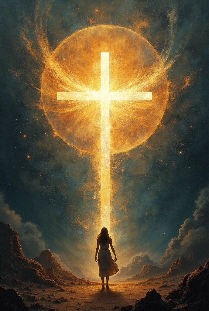 an album art cover for a core, metalcore band. There is a girl kneeling on the ground blood bruised , bloody andsed, she is kneeling before a large cross, there is an angel on the cross. The cross is on fire. At the top of the image text reads in a large evil font (((HopesHeart))). At the bottom of the image text reads (((Broken Chromosomes))),
