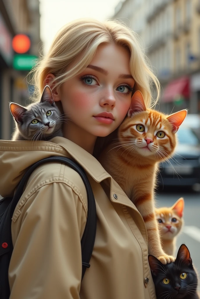 A little girl in very tattered clothes and poor, squatting on the ground selling matches in the cold night, well, poor eyes, on the street, tattered shoes, dirty, a lot of dust, next to a super huge cute yellow-haired cat to accompany her, next to the garbage can, dirty street, garbage truck