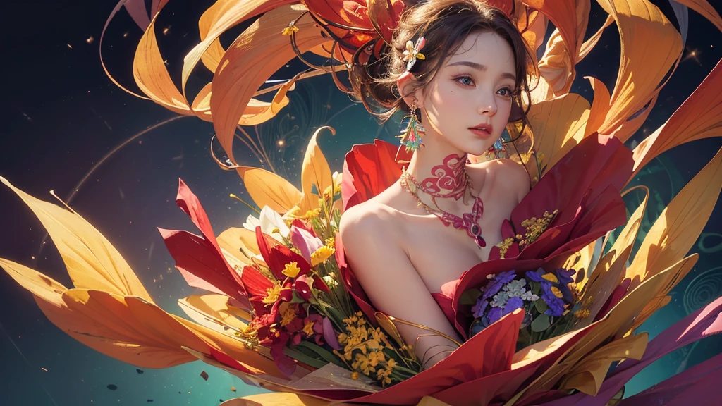 32K, 最高quality, 最高masterpiece, (ultra-Detailed Background, Detailed Background), High resolution, Super detailed, Very detailedな, One girl, (bouquet:1.3), (Tangled:1.2), (Geometric:1.2),(colorful),(masterpiece, quality, best quality, Official Art, Beautiful and beautiful:1.2), (1 girl:1.3), Very detailed,(colorful:1.1)(Flowers:1.3),Most detailed,(Tangled:1.2), whole body, (Abstract background:1.3), (Skin glows), (Many colors:1.4), ,(Earrings Jewelry:1.5), Pale Red Background,