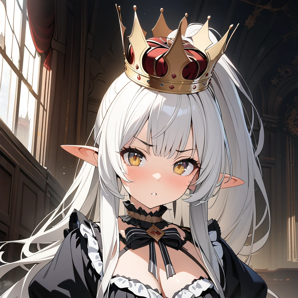 1 girl, High resolution,best quality, Golden Eye, anatomically correct, HD Model, high quality, Very detailed, long hair, High ponytail, white hair, Aho,  Proud, crown, Black****ta,Pointed ears, Single, masterpiece, illustration, 8k Octagonal Rendering, 