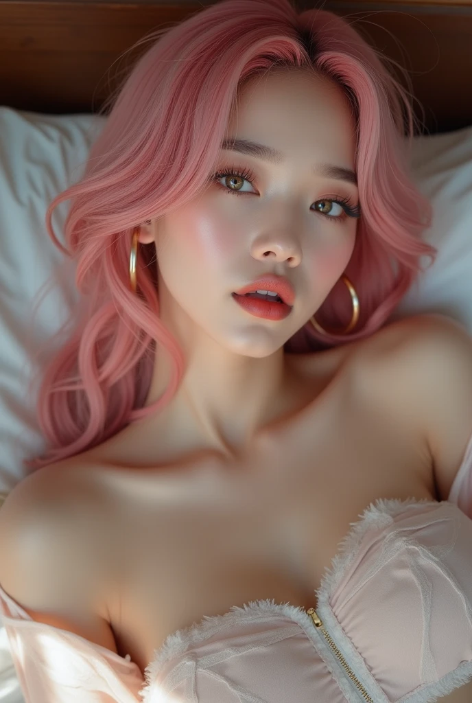 (8k, RAW photo, best quality, masterpiece:1.2),ultra-detailed,(korean girl), makeup, 1girl, slim, long_hair, pink, Pink hair, ponytails, shiny_white_skin, (twin_ponytails), on bed,standing, legs apart, grab chest with both hands,(hand_touching_chest),(tights:1.4)