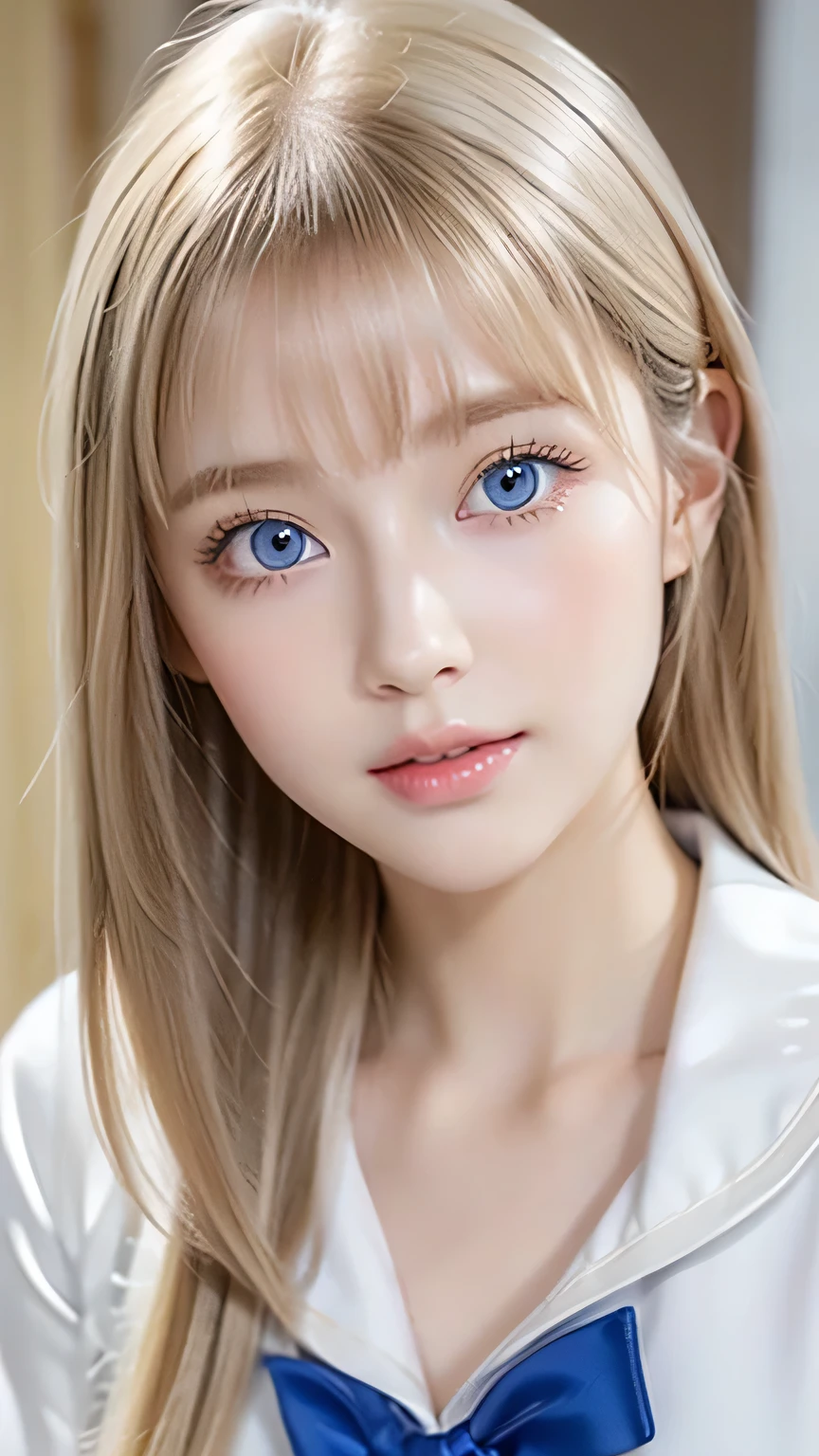 Very beautiful shiny pretty face、Beautiful shiny white skin、Glowing cheek highlight、Beautiful cute sexy very bright pale blue eyes、Bangs between the eyes、Big double eyelid eyes、Beautiful very long shiny silky pale natural platinum blonde straight hair、Sexy 1、A cute beautiful girl with long bangs、The most beautiful western girls in the world、Babyface Round Face、Adorable appearance、Japanese Sailor Suit、High school girls、Small Face Beauty、Cheek Gloss Skin