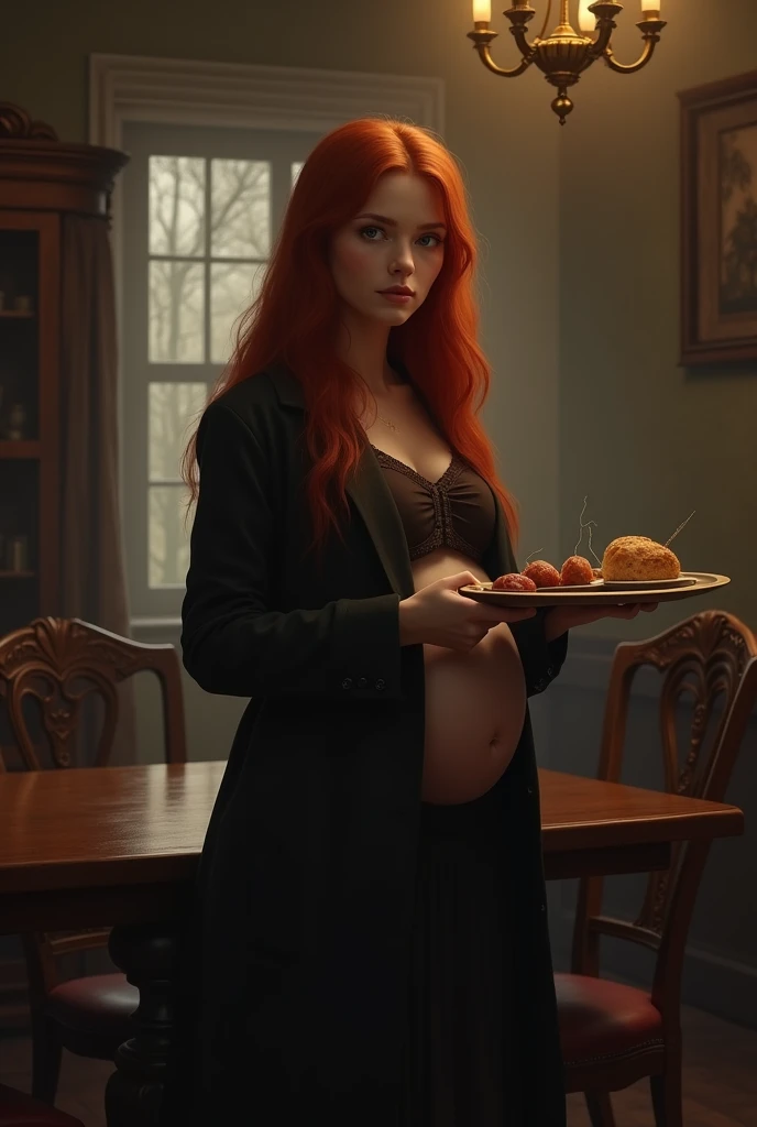 Girl with orange long hair light skin necklace with W letter and please there should be a person and she should hold a gun man should only see her from behind not her face and there should be peach fruits next to her she should have baby bump and a man should watch her from behind man should not see his face and he should be dressed like a judge and he should have black hair and gun