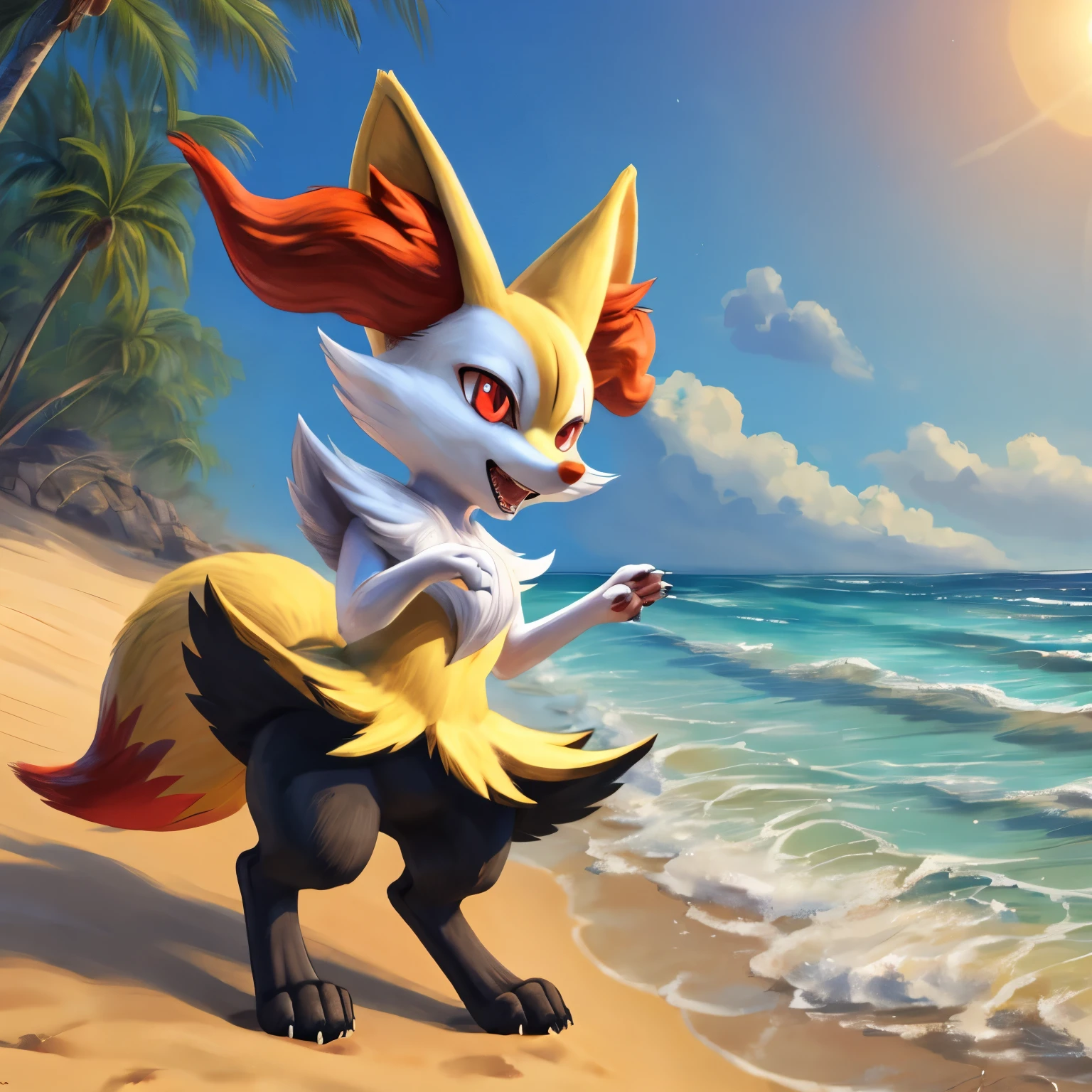 by: ， kyshan_(artist) ，braixen ,satting，beach ，(red eyes: 1.5)，solo，openmouth，4 toes ，toe claws,teeth,tail，facial tuft，claws, ((feet paws)), (4 toes), toe claws, paw pads,
