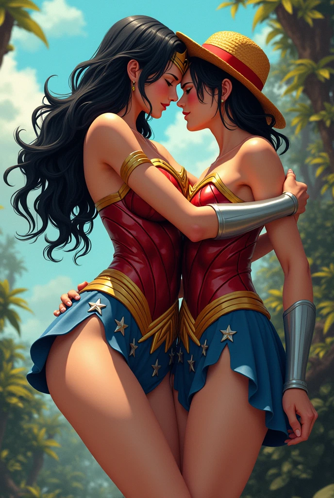 "2 women kissing, cosplay, party, dressed as Wonder Woman and Supergirl, sensual, provocative, very erotic, yuri."