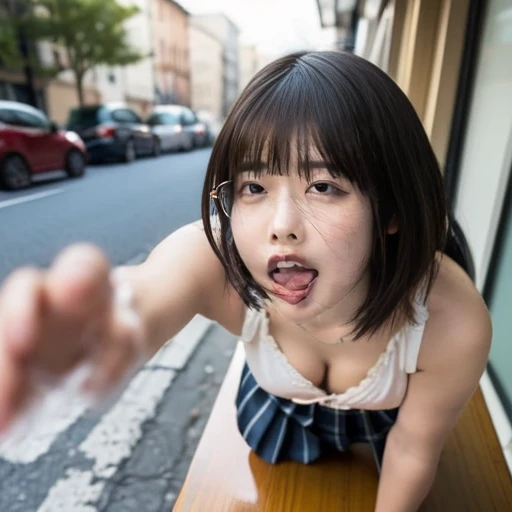 (A work depicting a scene from an anime for adults), ((pubic hair, clitoris, Braiding, Glasses, Pleated skirt, ribbon, Round face, Realistic sized eyes, Droopy eyes, Red cheeks, Embarrassed smile, Thin lips, Spread your legs)), (((Stand up and press your crotch against the corner of the table to masturbate))), Open your mouth(outside, On the sidewalk, Terrace table),