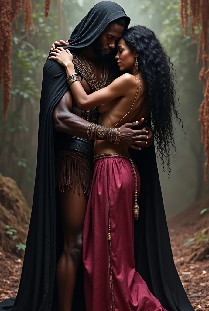 Fire and Ice: Elemental opposites, cool blues and warm reds, contrasting textures, ethereal beauty, facing each other kissing. one female is african american with dread locks, the other female is Caucasian with long flowing hair, they each have tattoos on their bodies, wearing sheer fabrics to cover their breasts