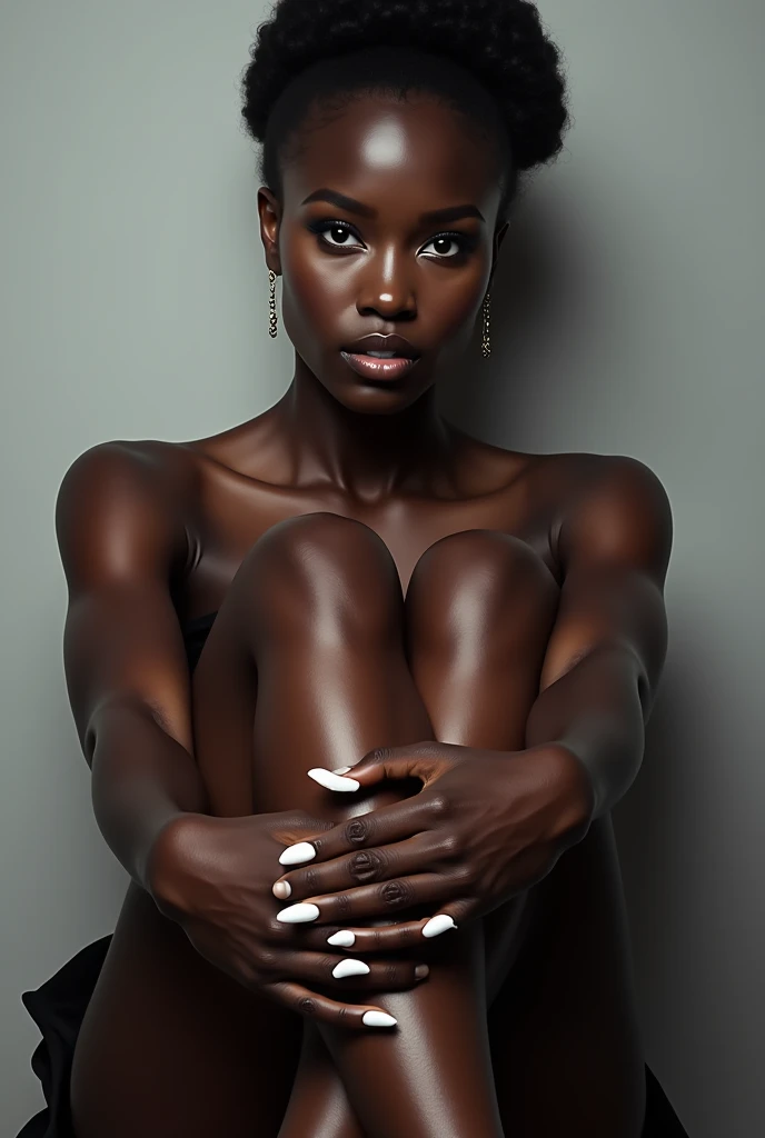 Aesthetics of the female naked body. Dark girl on a chair sexy posing. 