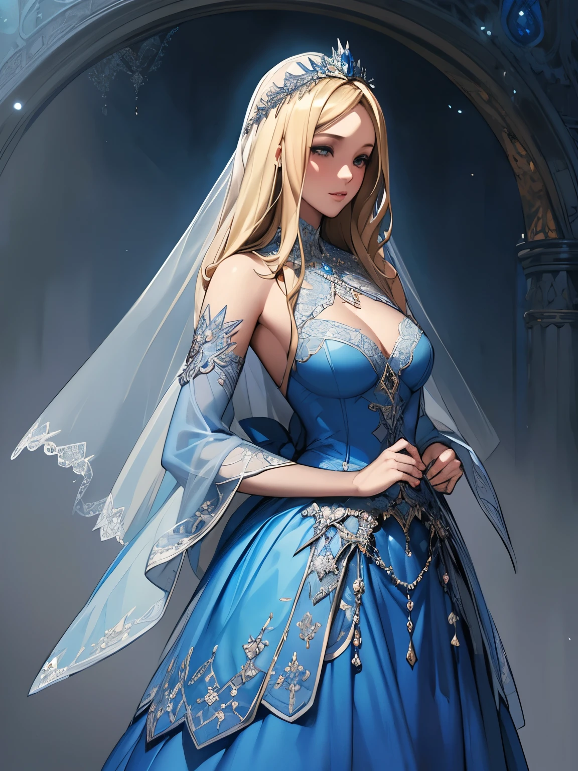 Wearing a blue dress and a veil、Blonde woman with a veil on her head, Beautiful fantasy maiden, Detailed fantasy art, Beautiful fantasy art, Blonde Princess, Art Station pixiv&#39;s artgerm, Beautiful maiden, ((Beautiful Fantasy Empress)), 2. 5d cgi anime fantasy artwork, Fantasy art style, Detailed digital anime art, Fantasy Art