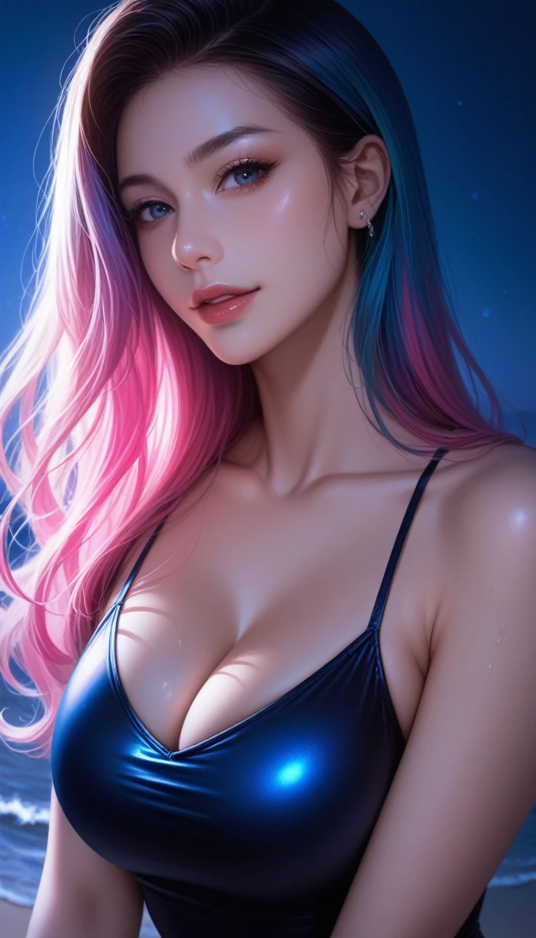 (Cinematic Digital Artwork: 1.3), High quality, masutepiece, of the highest quality, Super Detail, Illustration, [4K Digital Art]、 lndswgnr, (Sharp Focus: 1.5), (Moody lighting:1.2), depth of fields, Bokeh, 4K 、High resolution, ultra-detailliert, the Extremely Detailed CG Unity 8K Wallpapers, Realistic, Photorealsitic, Raw photo, beautifull detailed face, pale skin, realistic glistening skin, Detailed Cloth Texture, detailed hair texture, Perfect body, Beautiful face, acurate, Anatomically correct, Highly detailed face, Eye and skin texture, Natural neck length, (Beautiful eyes), (Beautiful hands), (Glossy skin:1.2), thin legs, Thin feet, Detailed people、A detailed face、细致背景、 

(masutepiece), (((Highest Quality)), (super detailed), 1 girl, (Iridescent hair, Colorful hair, Half blue and half pink hair: 1.2), 20 years old, (: 1.2), Midsummer Night, Bangs, Smile, sky-blue eyes, Perfect hands, Perfect hands, Hand Details, Corrected Fingers. earrings, Night Store + Background, Streets of Kyoto、up looking_で_viewer, Cowboy Shot, of the highest quality, rich detail, Perfect image quality, dark blue gray tone、Night representation、Pinky Pink Lip Stick、eye make up、mascara、eye liner、eye shadow、In the bedroom of the inn、Lie down in a sexy pose、NSFW