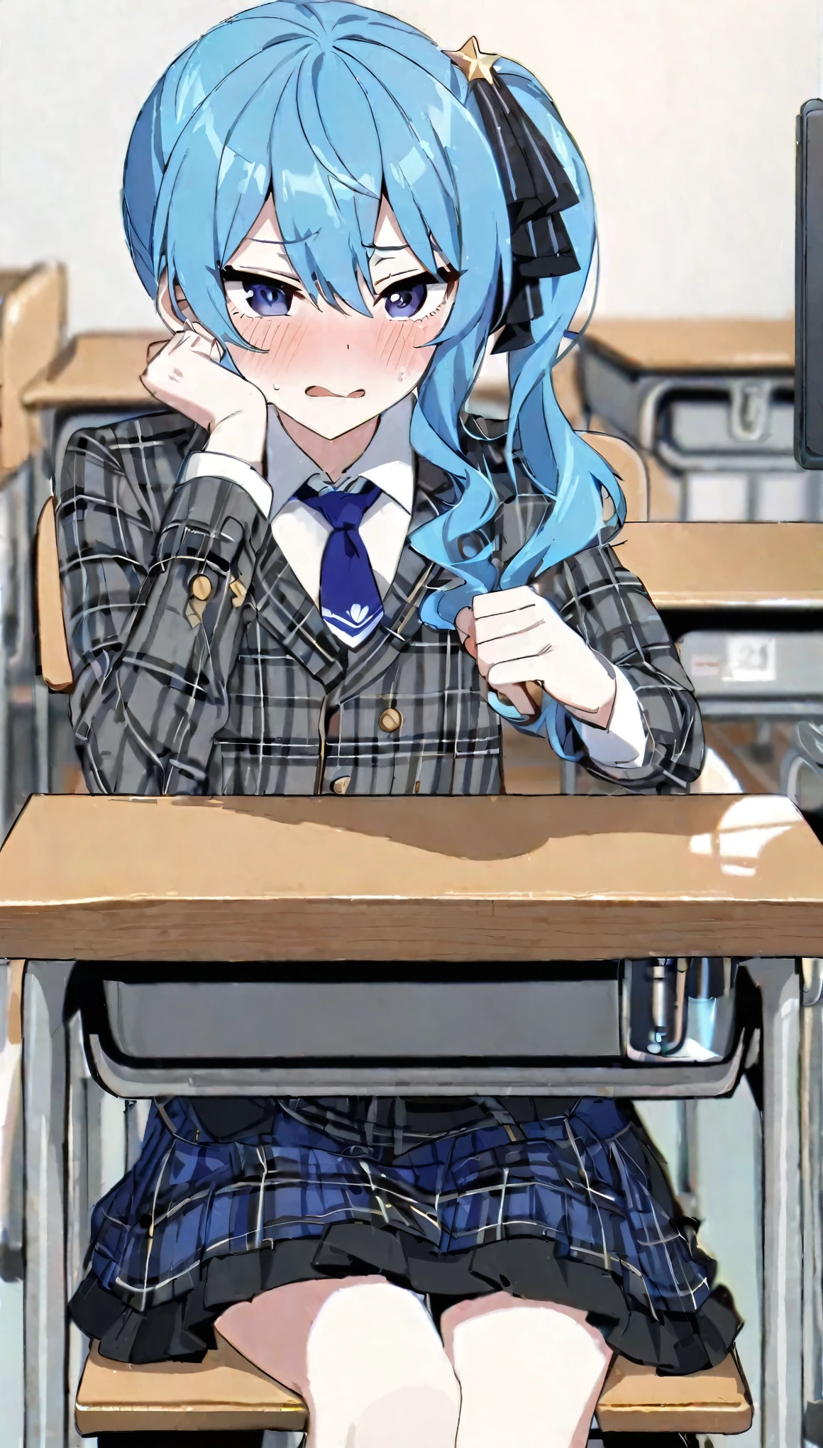 badhandv4, five fingers, perfect hands, (1girl, solo),  source_anime, side ponytail, hoshimachi suisei, Blue Hair, blushing, flushed face, 
Score_9,Score_8,score_7_up,  rating_questionable, (under the desk view), classroom, sitting on chair, desk front panty shot,
pale skin, flat_chest,