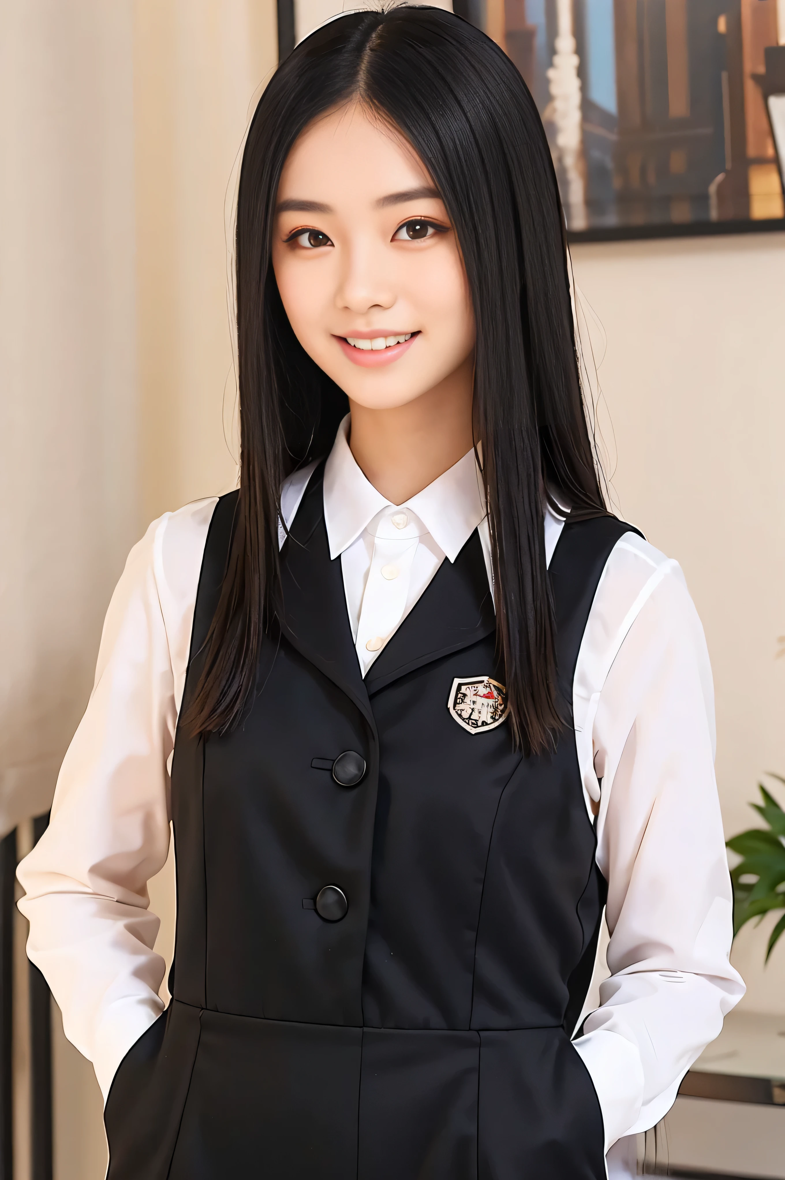 (Best Quality, Masterpiece: 1.1),, 1 girl, closeup, long straight hair,, black jumpsuit, smiling, wear spectacle 