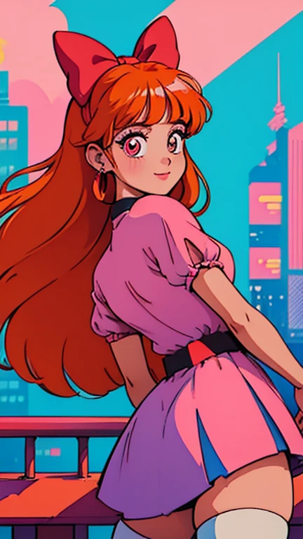 (80's, retro, city neon_pop art style:1.5), (album cover), (masterpiece, best quality), (anime, illustration), 
best photo pose, dynamic angle, cowboy shot,
girl, solo, smile, perfect detail eyes, delicate face, (Blossom:1.5), (long orange hair, blunt bangs, pink eyes:1.2), (hair bow, red bow, simple pink dress, simple black belt, white thighhighs)