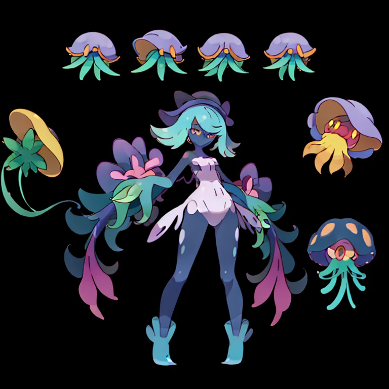 (((Best Quality))) , ((full body)), multiple views, reference sheet, pkmn, monster girl, jellyfish,