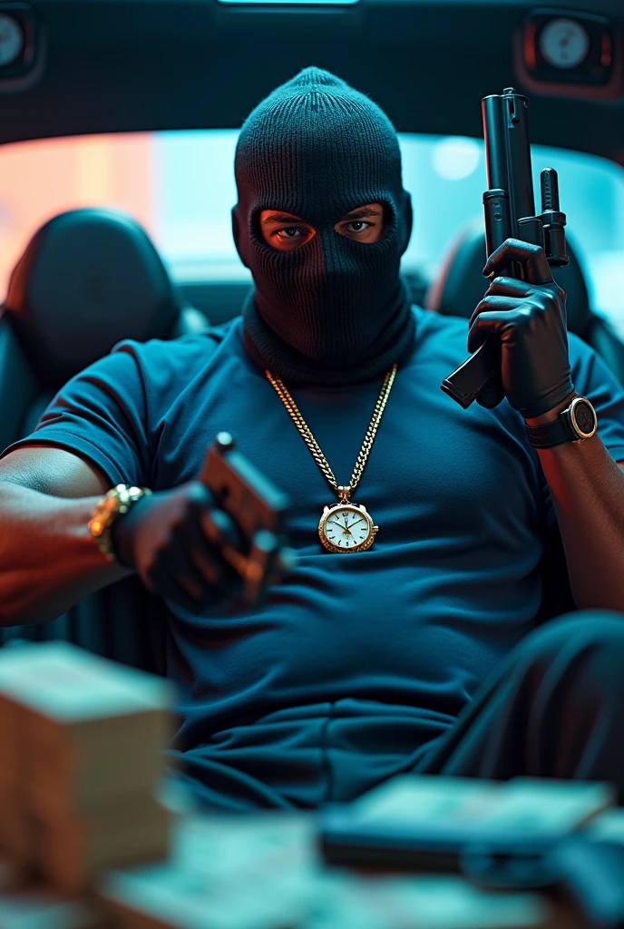 Hottie with balaclava, army vest, diamond chain on neck,watch on wrist playing roulette in a roulette gamer room with red lights