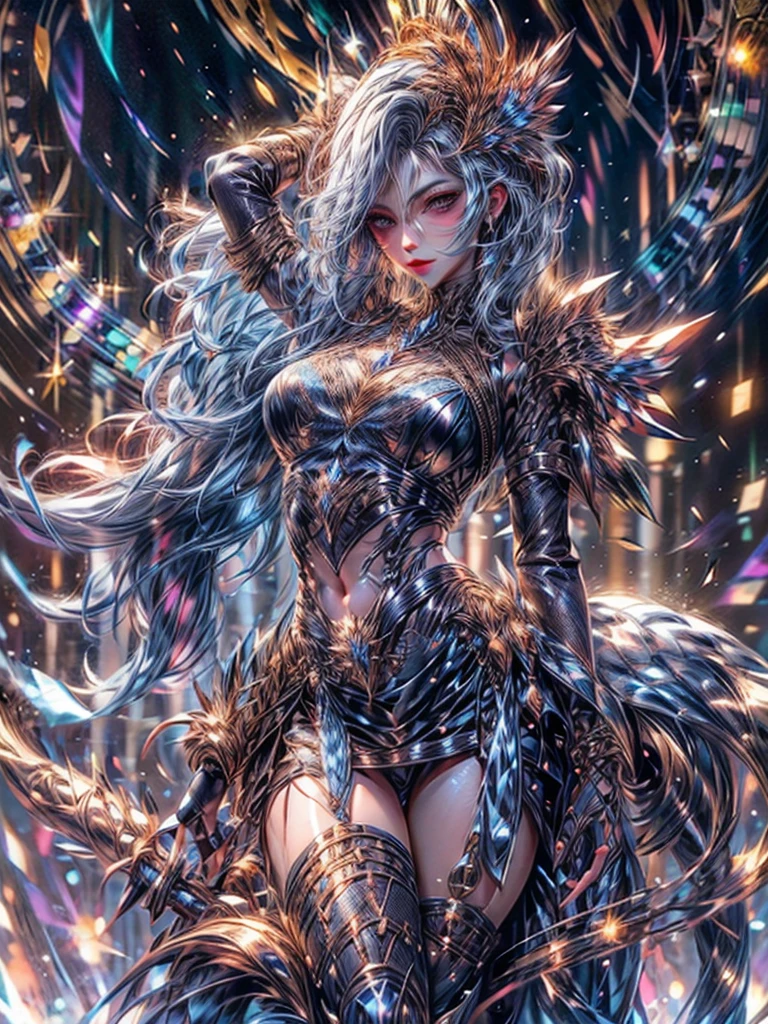 An ultra-realistic and ultra-detailed (Legendary Multicolored Psychedelic Masterpiece), ((full body portrait)), (Cowboy_shot, full length image:1.2) , best quality,She is a Gorgeous Magical Alchemist casting a spell with her hands, a very noble Caucasian lady,very Expressive ringed with silver, dark blue eyes:1.2), (bare legs), Awesome Black Hair, a confident smile, Celestial Star Map, (experiment desk crowded by many alchemy instruments, medicines, reagents, specimen, bottles, scrolls), many floating open spell books surround her, 1 massive old clock, antiques, quill pen, a pair of scales, highly detailed expensive wizard's skirt, beautiful skirt with frills, dramatic, backlighting, night, midnight, (Multitude Of Stars), beautiful fantastic night view, (ultra-detailed, finely detailed beautiful eyes and face), high resolution, 8k UHD, perfect anatomy, perfect fingers, Highly detailed scenery, Highly detailed background, perspective, depth of field, atmospheric