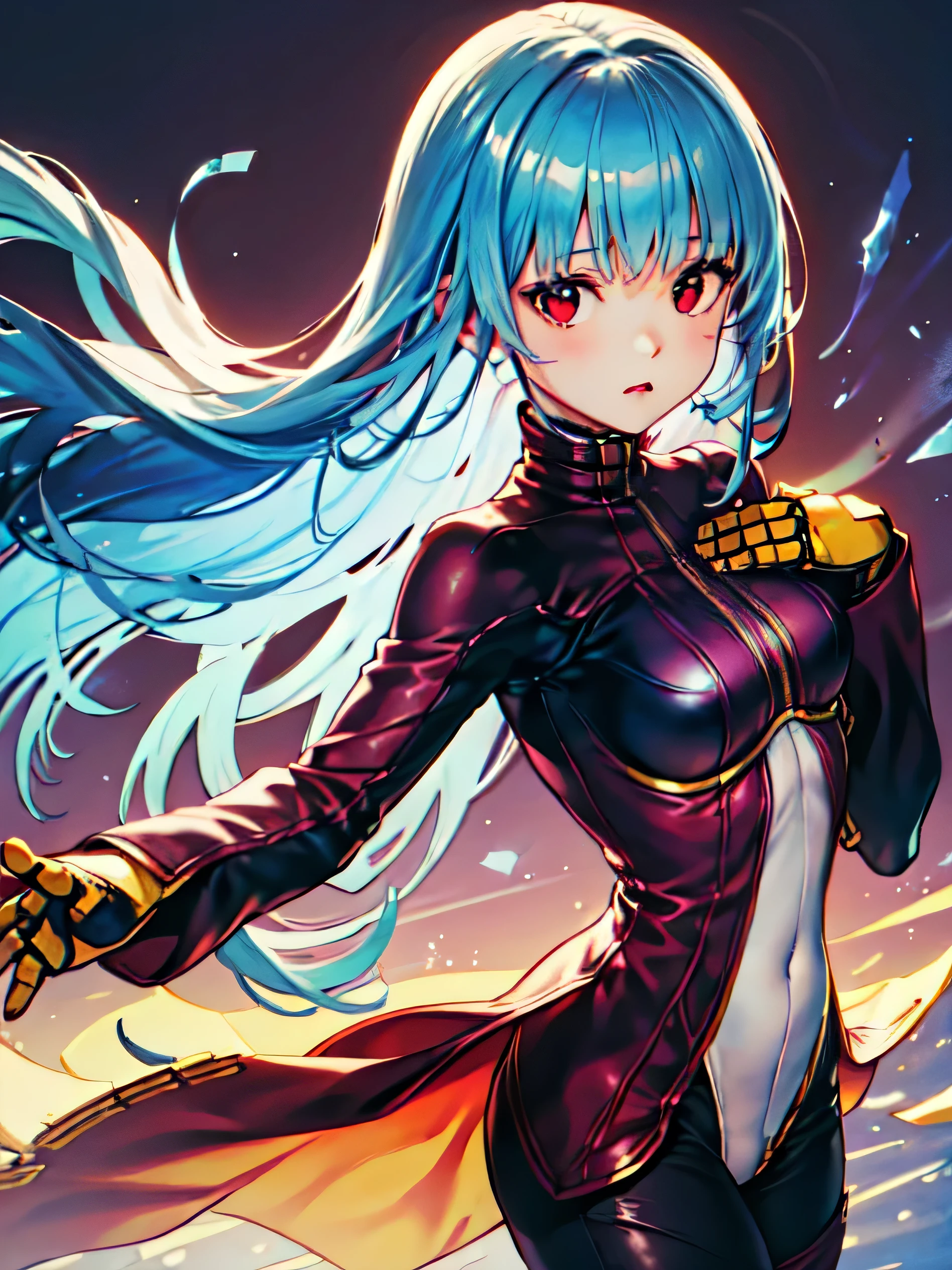 1 woman, The King of Fighters, Kula 다이아몬드, Kula, Kura, KOF, the king of fighters kula, kula diamond, medium chest,piercer, red eyes, 긴 Sky blue 머리,sky blue color hair,expressionless,cyberpunk,glowing line jacket,bodysuit,Mecha style prosthetic hand, 보라빛 bodysuit, Focus on face in tight clothing,face close up,from the side,looking at viewer,cold chill, multi color gradient,Sky blue,blue,White,shiny, deep digital painting layer,soft ambient lighting,vivid colors,fluid watercolor technique, (absurd, inc빨간색ibly absurd, Add layer, panoramic view:1.2),Super cute, very beautiful,beautiful background,realistic background,realistic photo,Very detailed, slim, movie lights,  girl, long straight hair, beautiful face, imouto,normal chest