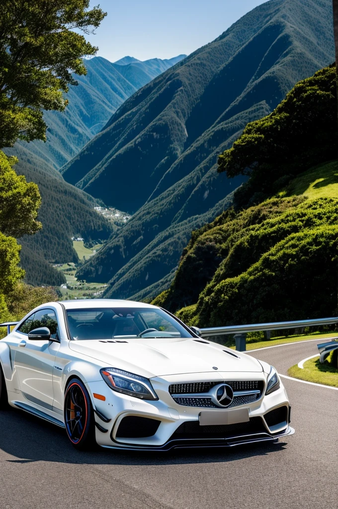 (high quality),Mercedes Benz GTR Liberty Walk in motion on a scenic road,car seamlessly integrated with the environment,[detailed tire treads,luxurious metallic paint,wide body kit],speeding along the road curves,[dynamic motion blur,perfectly captured speed],stunning landscape in the background,[dramatic mountains, lush greenery,oceanside cliffs],glowing sunlight casts a warm glow on the car,[vibrant colors,rich contrast,dreamy atmosphere],shadows of trees dance on the asphalt,creating a sense of depth and movement,[realistic lighting,playful shadows],attention to every curve and reflection,[showcasing every angle,reflective surfaces,striking highlights],exquisite attention to detail,[fine craftsmanship,precise lines,meticulous finishing],giving a sense of power,prestige,and elegance,[balanced composition,artful perspective],creating a masterpiece of automotive art.