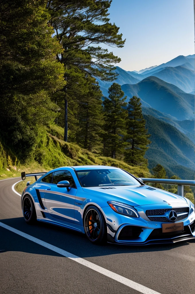 (high quality),Mercedes Benz GTR Liberty Walk in motion on a scenic road,car seamlessly integrated with the environment,[detailed tire treads,luxurious metallic paint,wide body kit],speeding along the road curves,[dynamic motion blur,perfectly captured speed],stunning landscape in the background,[dramatic mountains, lush greenery,oceanside cliffs],glowing sunlight casts a warm glow on the car,[vibrant colors,rich contrast,dreamy atmosphere],shadows of trees dance on the asphalt,creating a sense of depth and movement,[realistic lighting,playful shadows],attention to every curve and reflection,[showcasing every angle,reflective surfaces,striking highlights],exquisite attention to detail,[fine craftsmanship,precise lines,meticulous finishing],giving a sense of power,prestige,and elegance,[balanced composition,artful perspective],creating a masterpiece of automotive art.