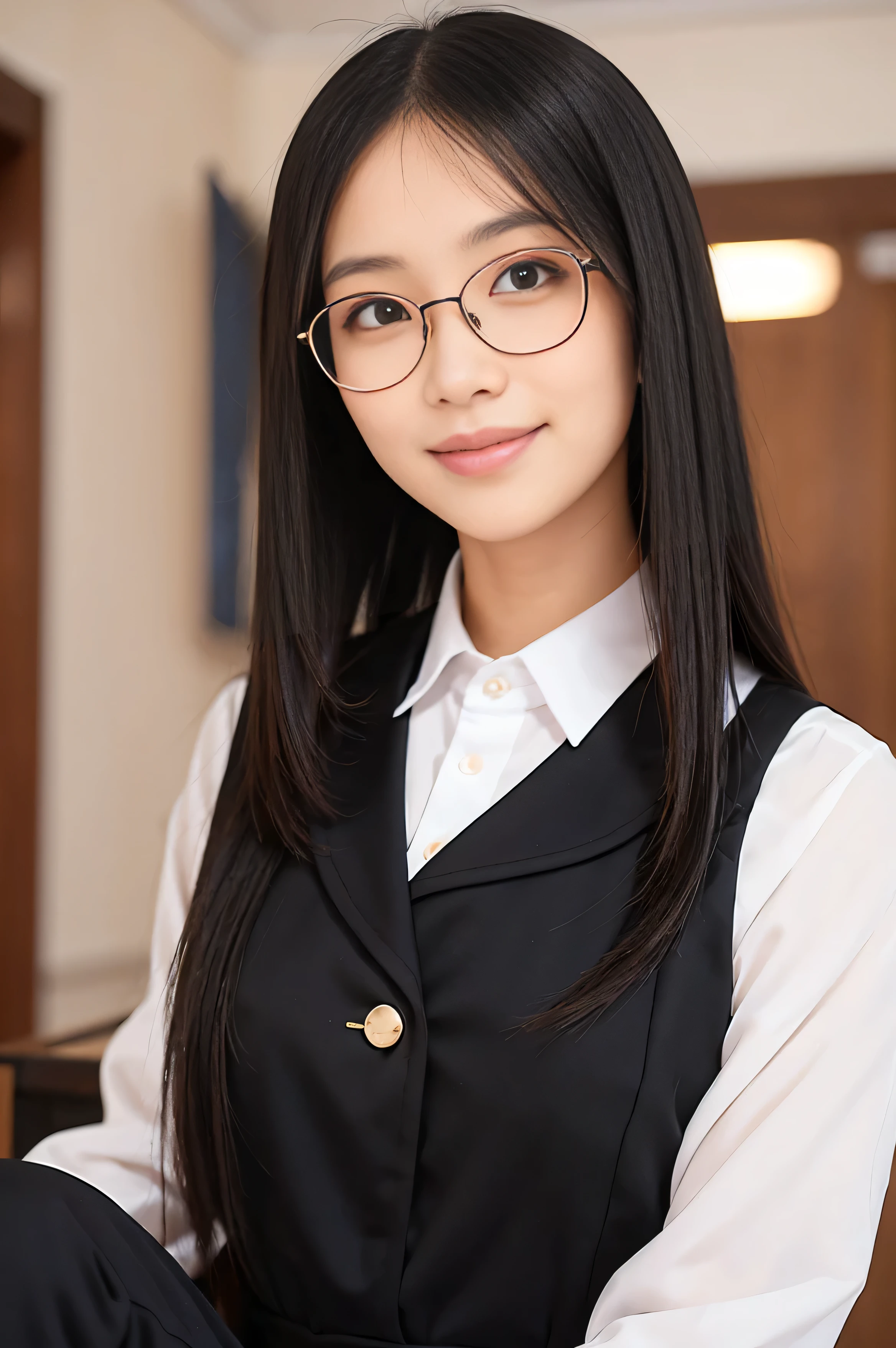 (Best Quality, Masterpiece: 1.1),, 1 girl, closeup, long straight hair,, black jumpsuit, smiling, wear spectacle 